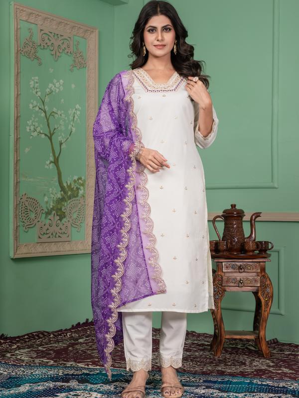 Women's Viscose Chanderi Punjabi Style Top,Bottom and Taby Silk Dupatta 0