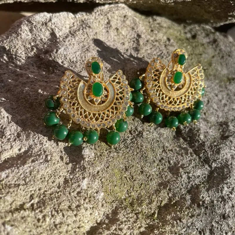 Stunning Green and Gold Indian/Pakistani Party Earrings for Women - Traditional Design 2
