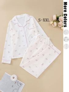 Two-Piece Set Women's All Over Print Contrast Binding Lapel Neck Pajama, Long Sleeve Button Up Pocket Top & Bow Decor Elastic Waist Pants PJ Set, Casual Comfy Sleepwear Set for Women