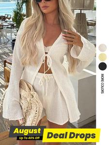 Women's Solid Color Longsleeves Tie Front Top & Shorts Summer Clothing Set, Basic Minimalist Fashion Cozy Two-piece Set for Daily Outdoor Wear, Ladies Summer Clothes, Womenswear, Loungewear, Homewear, Pjs, Nightwear, Casual Summer Look