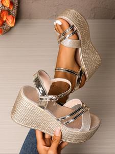 Women's Fashionable Glittering Platform Sandals, Sparkly Party Shoes, Casual Versatile Buckle Decor Wedge Sandals for Summer, Non-slip Design Comfortable Sandals for Women & Girls, Walking Shoes, Glitter Decorated Sandals