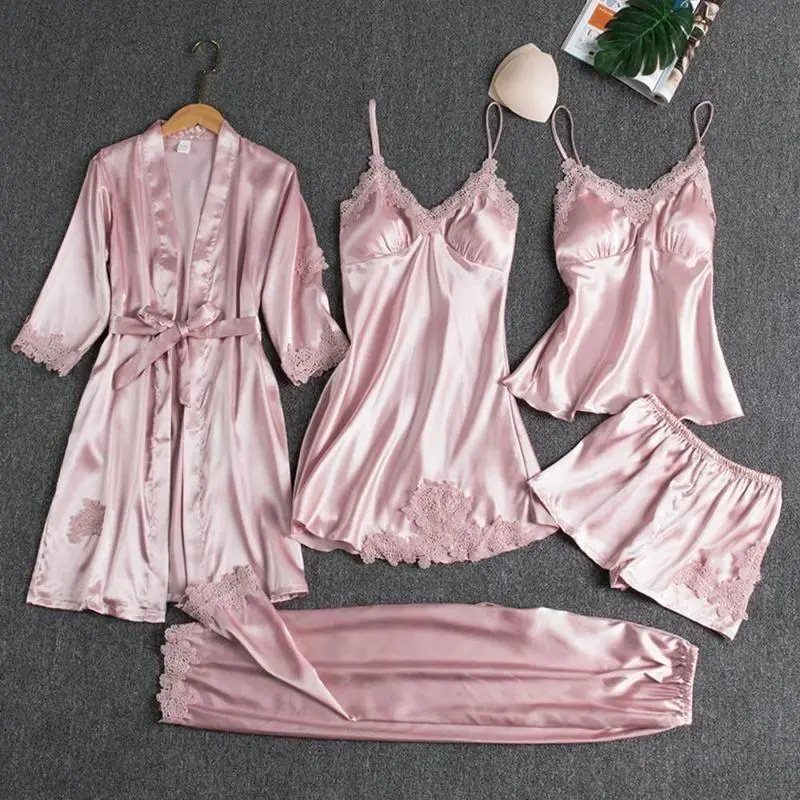 5PC Silk Robe Sleep Suit Womens Lace SatinPajamas Gown Set V-Neck Cami Nighties WearPijama Home Nightwear Spring Nightdress 0