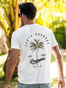Men's Coconut Tree & Letter Print Round Neck Tee, Loose Casual Short Sleeve T-shirt for Summer, Men's Top for Beach Vacation