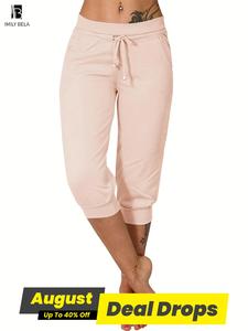 Women's Plain Drawstring Waist Capris Pants, Casual Minimalist Pocket Trousers for Daily Wear, Ladies Bottoms for All Seasons, Casual Fitted Pants