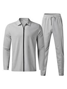 Men's Solid Zip Up Jacket & Drawstring Waist Pants Waffle Knit Sport Set, Regular Fit Casual Long Sleeve Collared Outerwear & Pocket Trousers for Fall & Winter,  Winter Outfits, Men's Sport Clothes for Daily Wear
