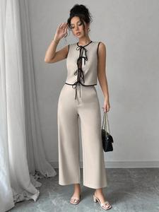 Two-Piece Set Women's Contrast Binding Top & Wide Leg Pants, Basic Casual Fashion Cozy Clothing Sets for Daily Wear, Ladies Clothes for Summer