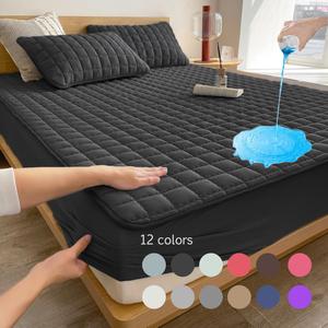 Solid Color Waterproof (only Water Barrier) Plaid Textured Fitted Sheet, 1 Count Christmas Decor Soft Simple Bedding Quilted Mattress Cover for Bedroom, (excluding Pillow Core), Bedroom Accessories, Bed Sheet, Breathable Durable Secure Fitted Sheets