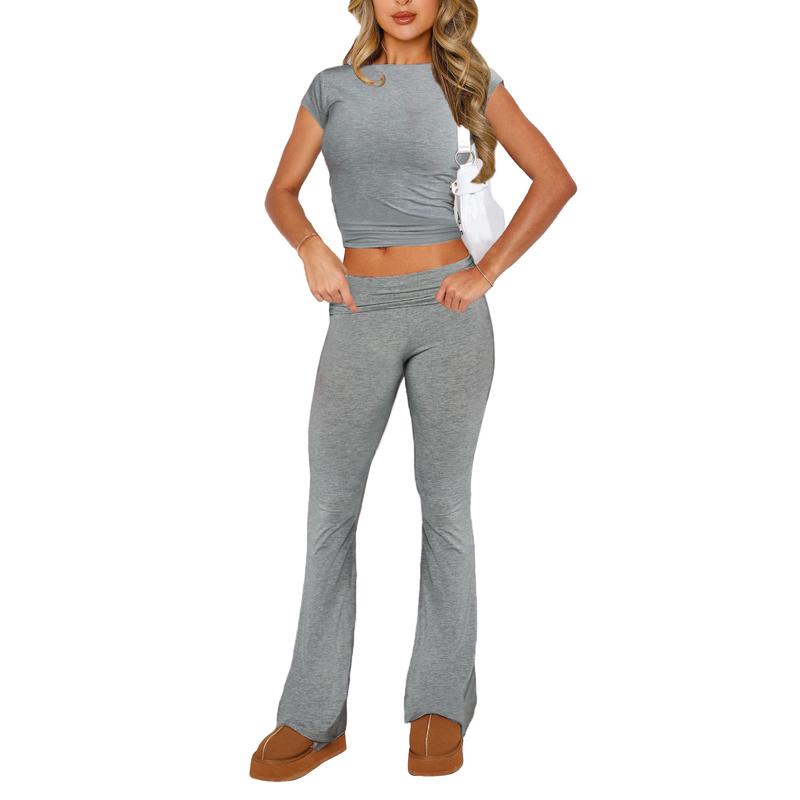 Product Introduction of Women 2 Piece Lounge Sets Matching Sets Short Sleeve Cropped Top Fold Over Flare Pants Yoga Tracksuit 7