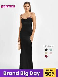 Women's Plain Flower Decor Ruched Backless Bodycon Cami Dress, Elegant Tie Back Sleeveless Spaghetti Strap Maxi Dress for Party Club Dating Wear, Ladies Summer Black Formal Clothes