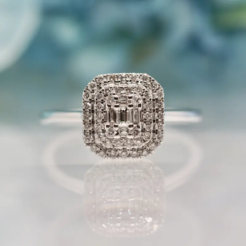 White Gold 0.21ct Baguette & Round Brilliant Cut Diamond Octagonal Cluster Ring, size L 1/2 0