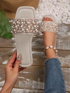 Fashionable Rhinestone & Faux Pearl Decorated Slide Sandals, Elegant Square Toe Flat Sandals for Women, Casual Versatile Slide Sandals for Daily Wear, Walking Shoes