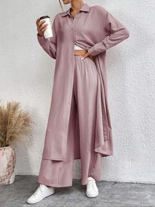 Women's Solid Button Front Drop Shoulder Long Blouse & Wide Leg Pants Two Piece Set, Co Ords for Women, Casual Comfy Loose Top & Trousers for Daily Outdoor Wear, Co Ords for Women, Ladies Clothes for All Seasons, Co-ord Sets, Fall outfit