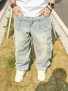 Men's Solid Flap Pocket   Jeans, Loose Casual Fashion Denim Trousers for Daily Wear, Men's Bottoms for All Seasons