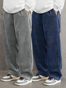 Men's Solid Corduroy Pants, Loose Casual Comfy Drawstring Waist Straight Leg Trousers for Fall & Winter, Men's Bottoms for Daily Wear