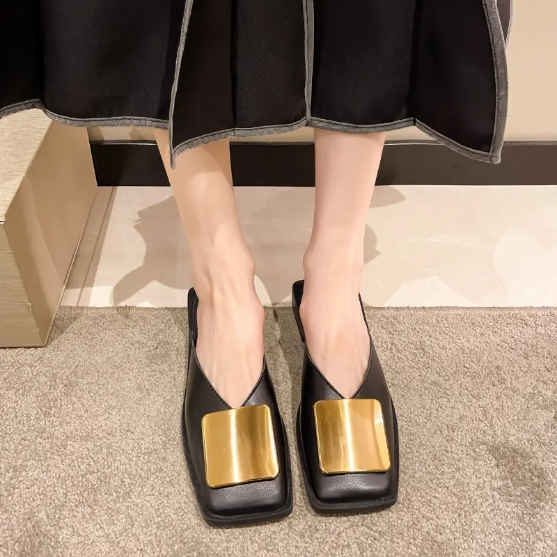 [Golden Accent Mule Shoes Square] Elegant Black Slip-On Mules with Golden Metallic Accent - Comfortable Low Heel, Square Toe Design, Faux Cover, Non-Slip Rubber Sole for All-Season Wear, Mule Shoes 7