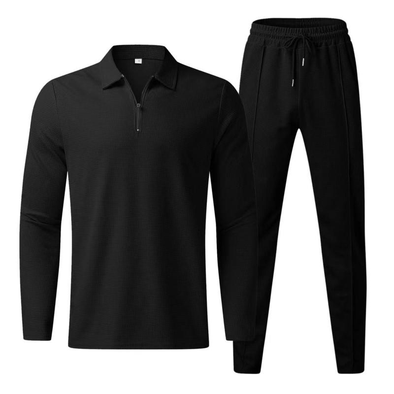 Product Introduction of Men's Solid Zipper Polo Shirt & Drawstring Waist Pants Set, Regular Fit Casual Long Sleeve Collared Top & Trousers, Men's Spring & Fall Clothes. Regular Fit Casual Long Sleeve Top & Trousers, Men's Clothes for Daily Wear, Polo Tracksuits Men. 2025 Trendy 5