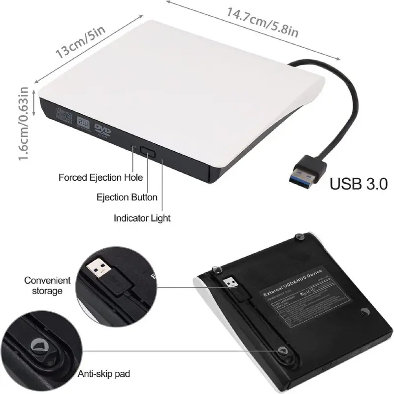 External DVD Drive,USB 3.0 CD/DVD +/-RW Drive Portable CD DVD Drive Burner Reader Writer, Slim Optical CD ROM Drive for Laptop Desktop PC Linux Apple Mac OS Macbook Pro Windows 11/10/8.1/7 White 4