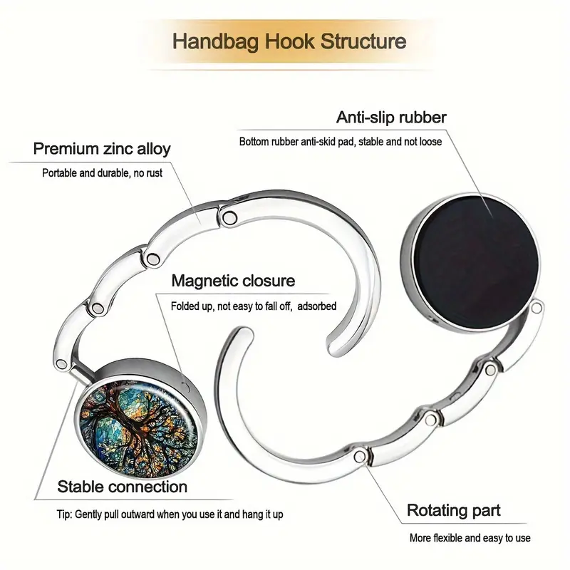 Tree of Life Design Portable Bag Hooks, Zinc Alloy, Foldable Handbag Storage Hanger, Elegant Purse Organizer, Mature Style, with Unique Gift for Travel & Home Use 4
