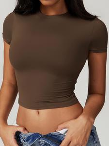 Women's Plain Round Neck Crop Sports Tee, Sporty Casual Tight-fitting Short Sleeve T-shirt for Yoga Gym Workout Running, Ladies Sportswear Clothing for Summer