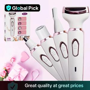 4 in 1 Electric Shaver with Replaceable Heads, Rechargeable Women's Hair Trimmer for Eyebrows, Nose, Facial, Body, Washable Wet and Dry Cordless Epilator for Bikini, Multifunctional Hair Shaver for Women