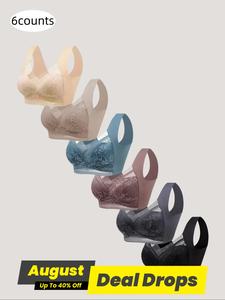 Women's 6pcs Contrast Lace Bra, Soft Comfortable Breathable Minimalist Mesh Seamless Traditional Push Up Bra, Solid Color Lingerie for All Seasons, Soft Comfy Bra, Womenswear, Smooth Comfortable Fabric, Elegant Breathable Bra, Supportive Bra
