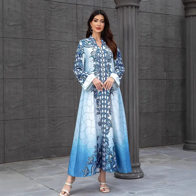 2025 Fashion Printed V-neck Loose Slim Dress Women's Beaded Rhinestone Robe New 1