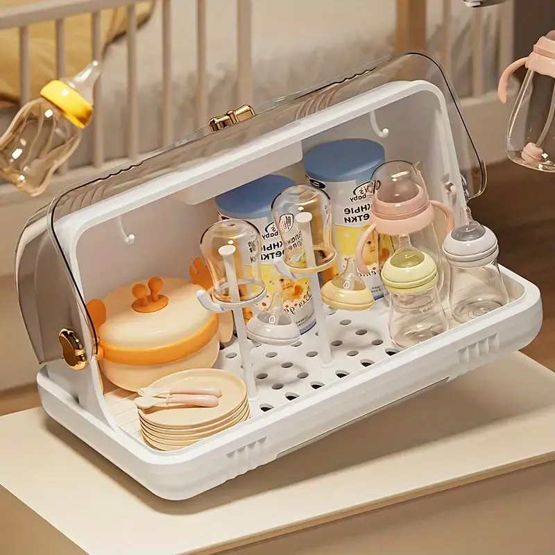 Baby Bottle Storage Box with Drainage and Dustproof Cover, Baby Utensil Drying Rack for Water Cups, Non-Contact Food, 4 Draining Racks, Suitable for Two Scenes 1