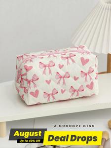 Cute Bow & Heart Pattern Makeup Bag, Large Capacity Cosmetic Storage Bag, Zipper Makeup Organizer Pouch, Versatile Storage Bag for Women Travel & Daily Use, Cosmetics Organizer