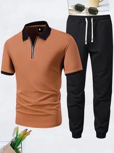 Two-Piece Set Men's Patchwork Colorblock Jogger Pants Set, Short Sleeve Zip Front Polo Shirt & Drawstring Waist Sweatpants Set, Summer Two-piece Outfits