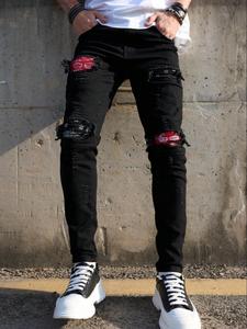 Men's Regular Fit Solid Color Ripped Patchwork Jeans, Casual Comfy Slim-fitting Denim Pants for Daily Wear, Fashion Men's Bottoms for All Seasons, Cotton