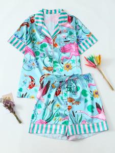 Women's Animal Print Satin Pajama Two-piece Set, Short Sleeve Shirt & Shorts Loungewear Set, Casual Comfy Nightwear for Women