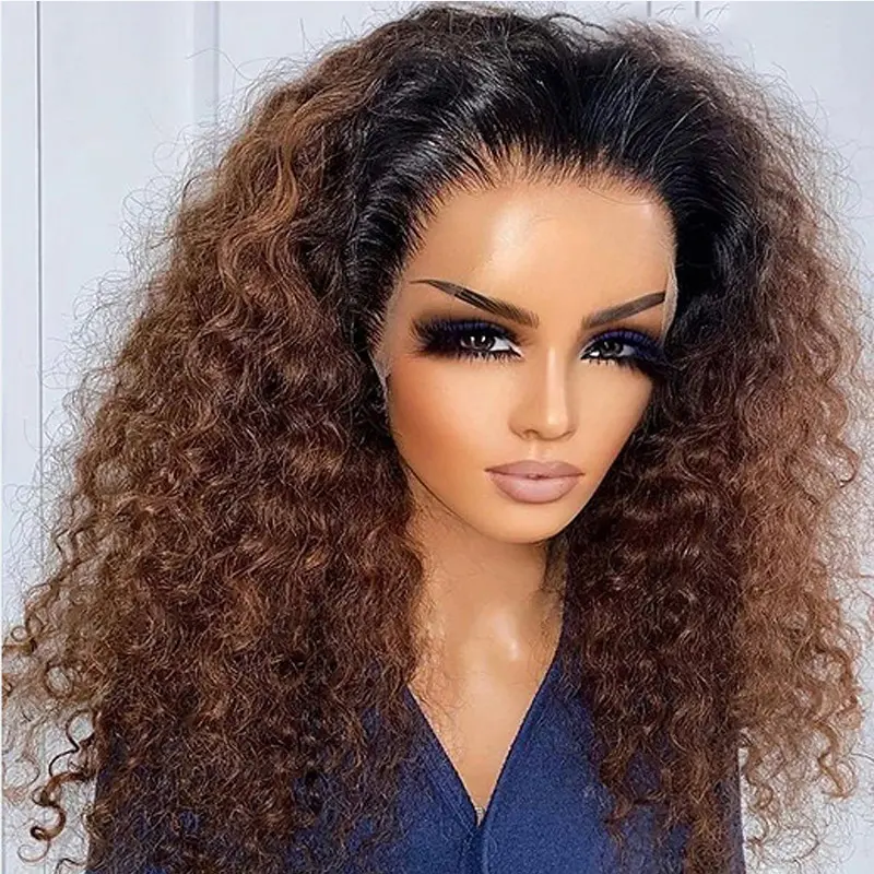 Ombre Brown Color Soft 26“Long Kinky Curly 180Density Lace Front Wig Synthetic For Women High Temperature Glueless Daily 5