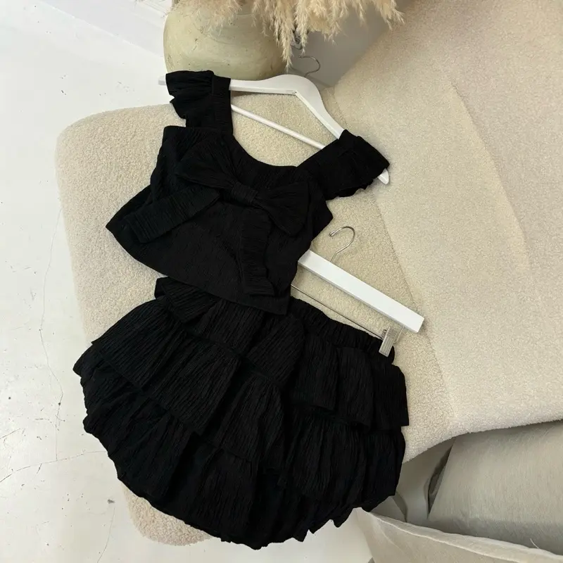 Frill Two Piece Set Skirt & Bow Top Summer Holiday Cute Outfit Built In Shorts Co-ord - 294 8