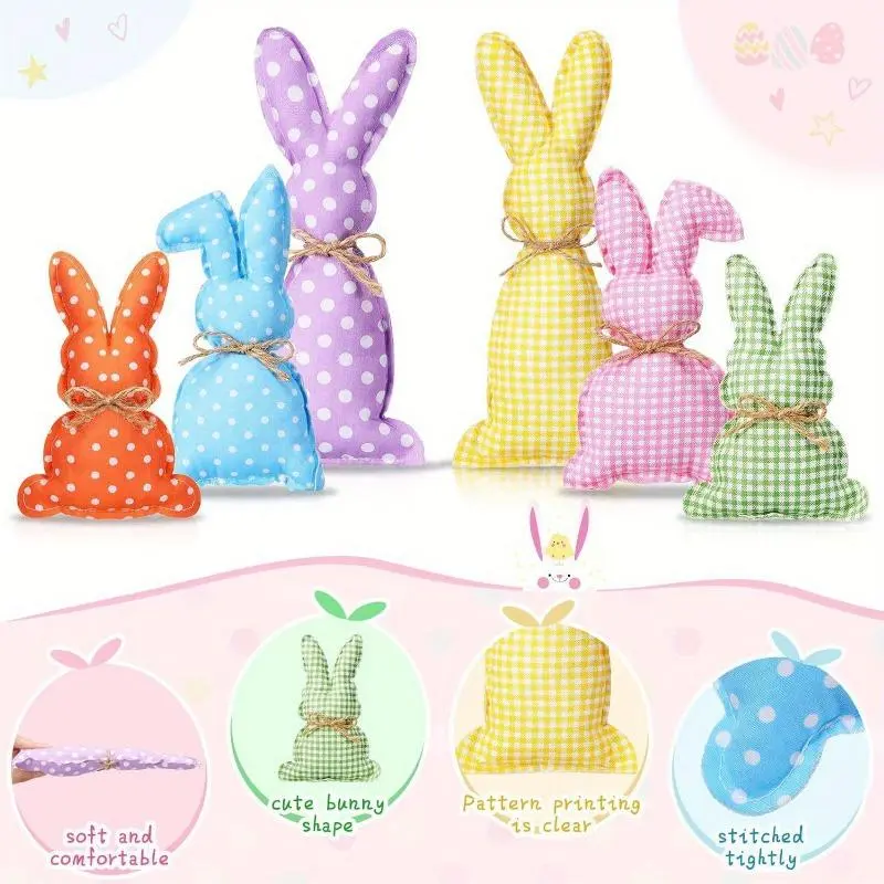 6pcs Easter Bunny Plush Knit Polka Dot Checkered Rabbit Figurines, Polyester Fabric Decorative Props for Holiday Party Decoration, No Electricity Needed 4