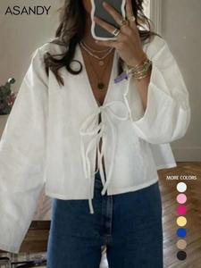 Women's Plain Tie Front V Neck Blouse, Casual Long Sleeve Top for Spring & Fall, Women's Clothing for Daily Wear