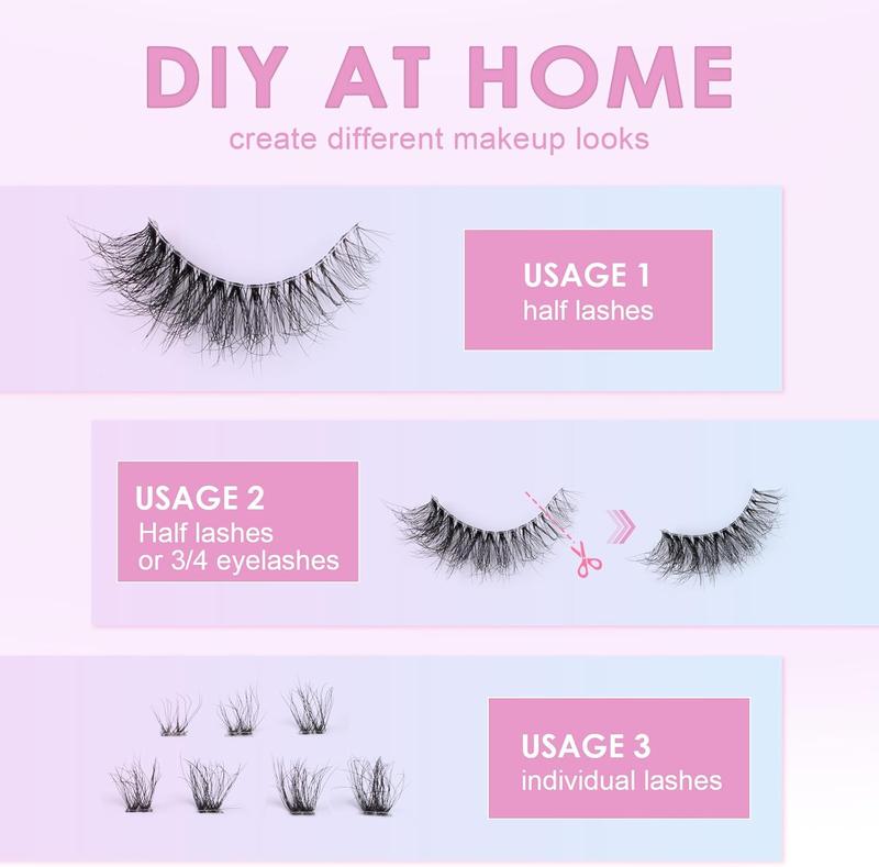 Clear Band Fluffy Lashes Kit with False Eyelashes Glue Bond and Remover Wispy Cat Eye Lashes 7 Pairs Fake Eyelashes Natural Look 3D Strip Lash Extensions Reusable Faux Mink Lashes 8