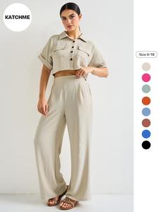 Two-piece Set Women's Button Front Crop Blouse & High Waist Pocket Pants, Co-ord Set for Women, Travel, Solid Roll Up Sleeve Lapel Neck Top & Trousers, Co Ords for Women, Outfit Sets Women, Casual Outfits Women, Womenswear, Summer Outfits Set