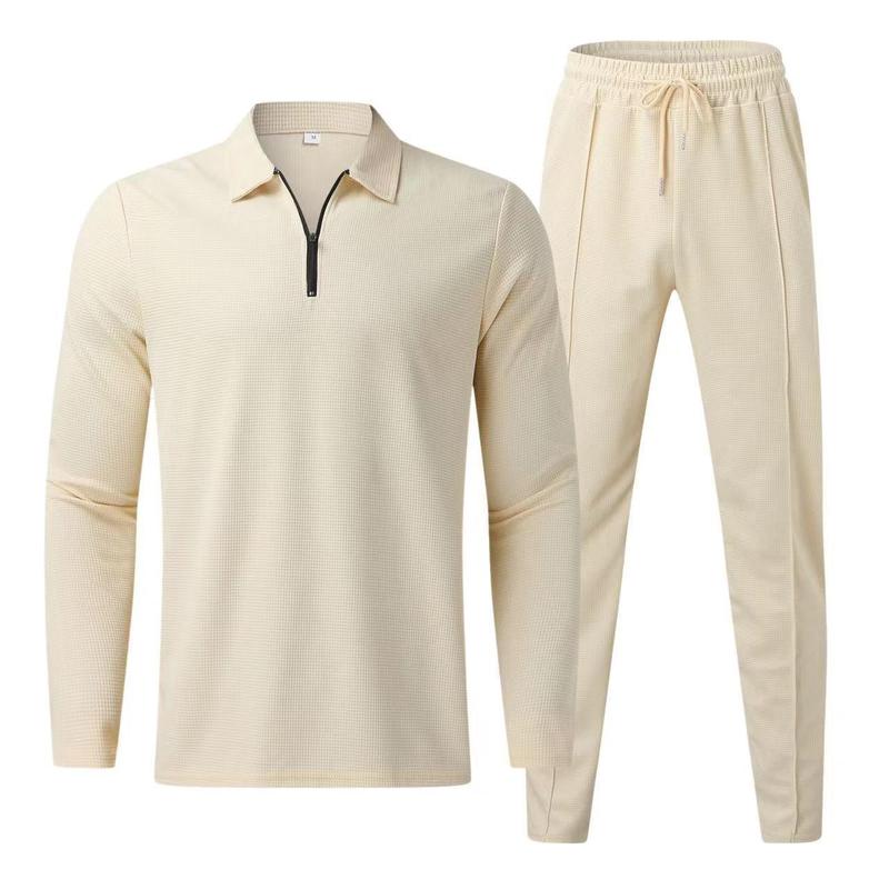 Product Introduction of Men's Solid Zipper Polo Shirt & Drawstring Waist Pants Set, Regular Fit Casual Long Sleeve Collared Top & Trousers, Men's Spring & Fall Clothes. Regular Fit Casual Long Sleeve Top & Trousers, Men's Clothes for Daily Wear, Polo Tracksuits Men. 2025 Trendy 7