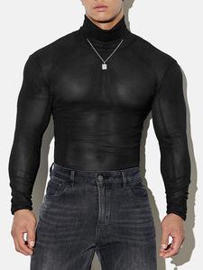 Men's Slim Fit Sheer Mesh Turtleneck Long-Sleeve T-Shirt, Casual Longsleeve High Neck Top for Summer, T Shirt for Men, Fashion Comfy Casual tshirt for Party Clubwear, Men's Clothing for Daily Wear