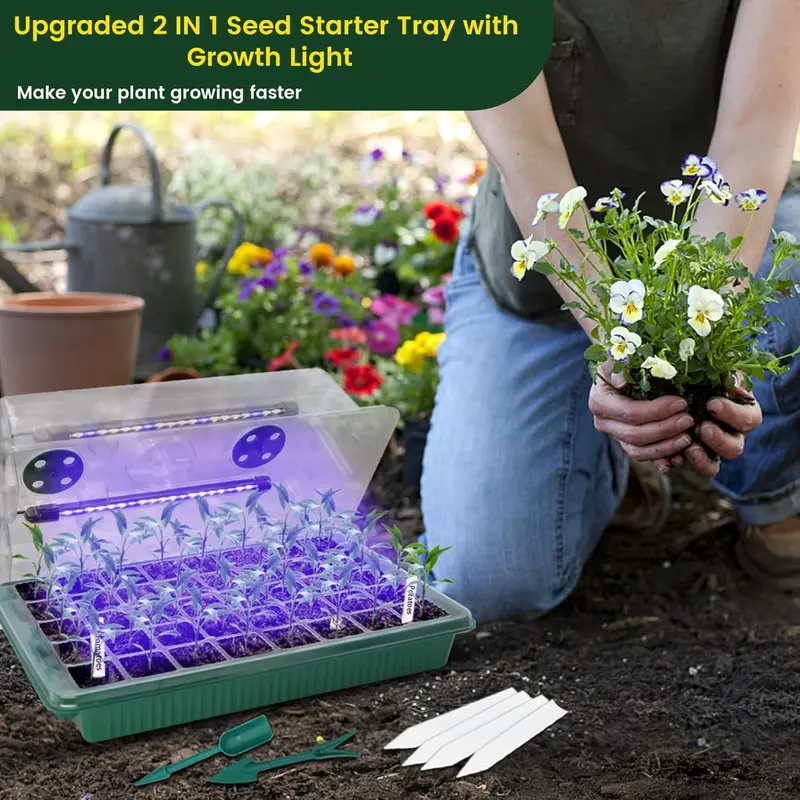 MQFORU Seed Trays with Grow Light, 2 Pack 80 Cells Growing Trays Propagator Growing Thicken Seedling Starter Adjustable Brightness & 3 Modes,Greenhouse Grow Plant Seed, Seed Germination Kit for Indoor 3