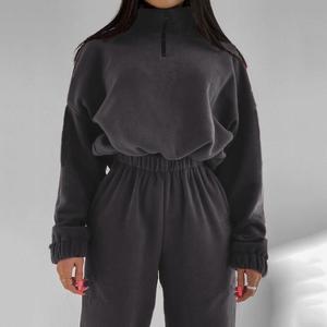Women's Autumn Fashion Casual Loose Zipper Stand Collar Sweatshirt Two-Piece Set, Solid Color Casual Women's Outfit Clothes Womenswear 2  piece  lounge  set spotlight  clothes Suits Gamis 2  pcs travel  fit two  piece  outfit