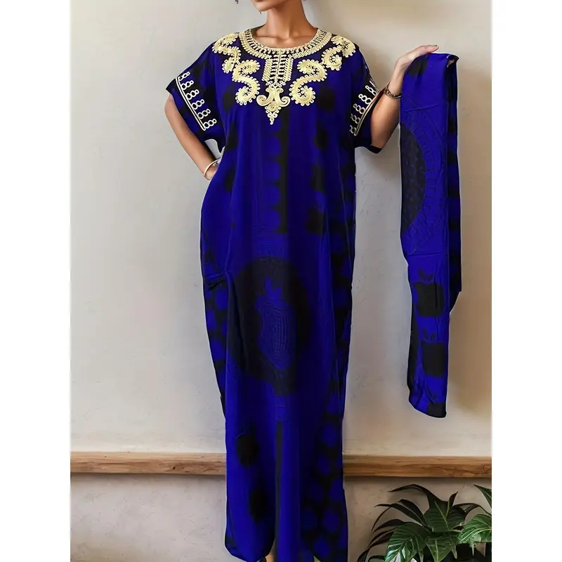 Elegant Plus Size Floral Print Kaftan - Breathable Polyester Round Neck Short Sleeve Maxi Dress for Women - Machine Washable, Perfect for Ramadan & All Seasons 3