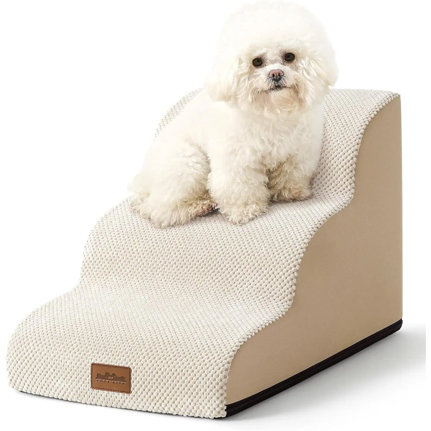 Dog Stairs for Small Dogs, Curved Pet Step with Leakproof Cover, High Density Foam Cat Ramp for Bed or Sofa, Lightweight, Durable, Comfort, 15.7x22.4x15.7 inch, 3 Tiers, Beige