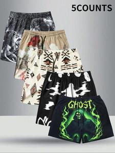 Men's Floral & Skull & Animal & Geometric Print Drawstring Waist Shorts, Regular Fit Casual Comfy Beach Shorts, Men's Summer Bottoms for Vacation Holiday