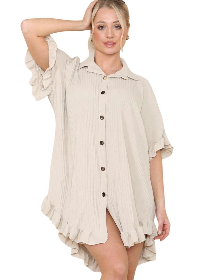 Product Introduction of Women's Lightweight Pleated Frill Hem Shirt Dress - Casual Loose Fit Collared Tunic with Gold Buttons - Comfort, Breathable 16