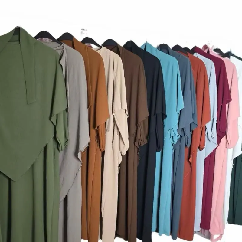 Two-Piece Abaya Khimar Set – Crepe Maxi Dress with Hijab Elastic Cuffs & Side Pockets 56" Standard Size