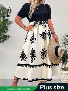 【Plus Size】 Floral Print Dress, Boho Fashion Casual Colorblock Printed Dress for Daily Holiday Vacation Wear, Women Plus Clothing for Summer, Plus Size Dresses