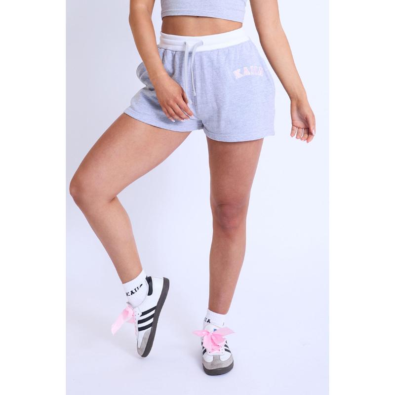 Kaiia Contrast Waistband Sweat Shorts Grey Marl & Pink 3