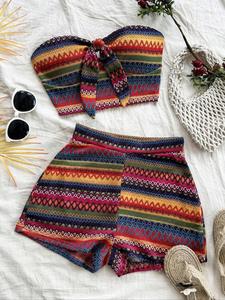 Women's Striped Pattern Crop Tube Top & High Waist Shorts Set, Bohemian Boho Casual Fashion Cozy Two Piece Set for Daily Outdoor Wear, Ladies Clothes for All Seasons, Lounge Shorts Casual Matching Set, Rave Outfits, Summer Sleep Set