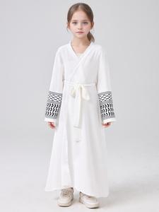 Girl's Embroidery Design Open Front Coat with Belt, Casual Long Sleeve Outerwear for Daily Wear, Kids Clothes for All Seasons, Casual Cute Outerwear